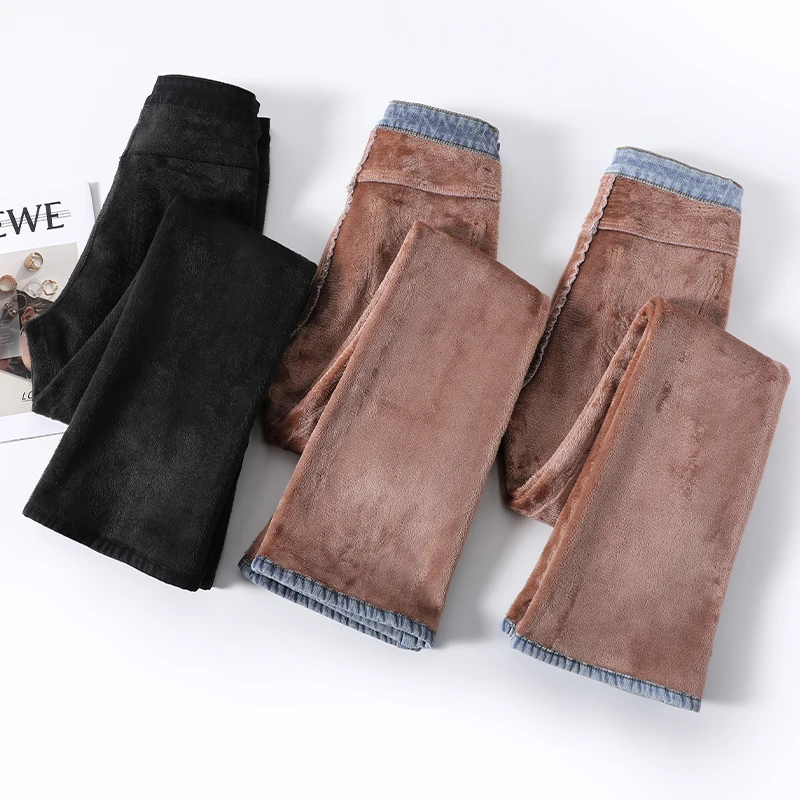 Description Picture 4 of itemWinter Female Thick Plus Velvet Fleece Warm Women Baggy Flared Jeans Trousers High Waist Stretch Denim Pencil Pants Oversize