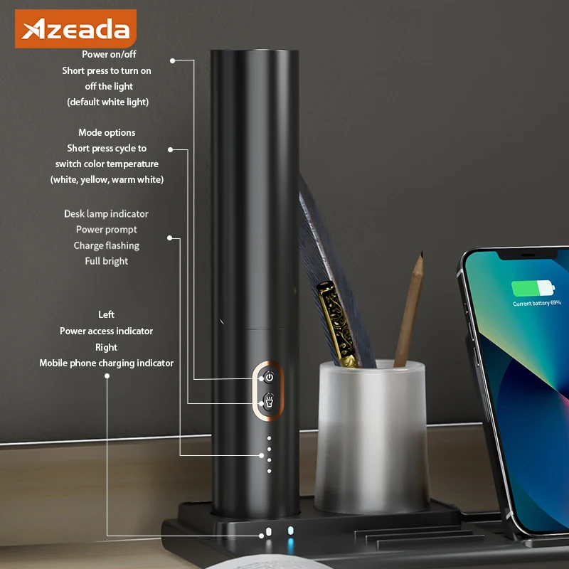 Azeada Multi-function 15W Wireless Charger Kit with Desk Lamp for iPhone 15 14 Pro Huawei MI Fast Wireless Charging Phone Holder