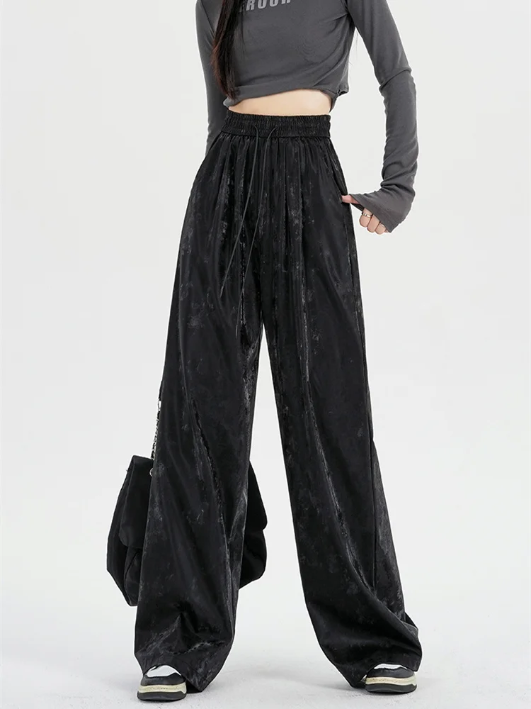 Description Picture 6 of itemKUCLUT PU Pants Women 2023 Autumn Winter Fashion Streetwear Loose High Waist Straight Pants Chic Vintage Folds Wide Leg Pants