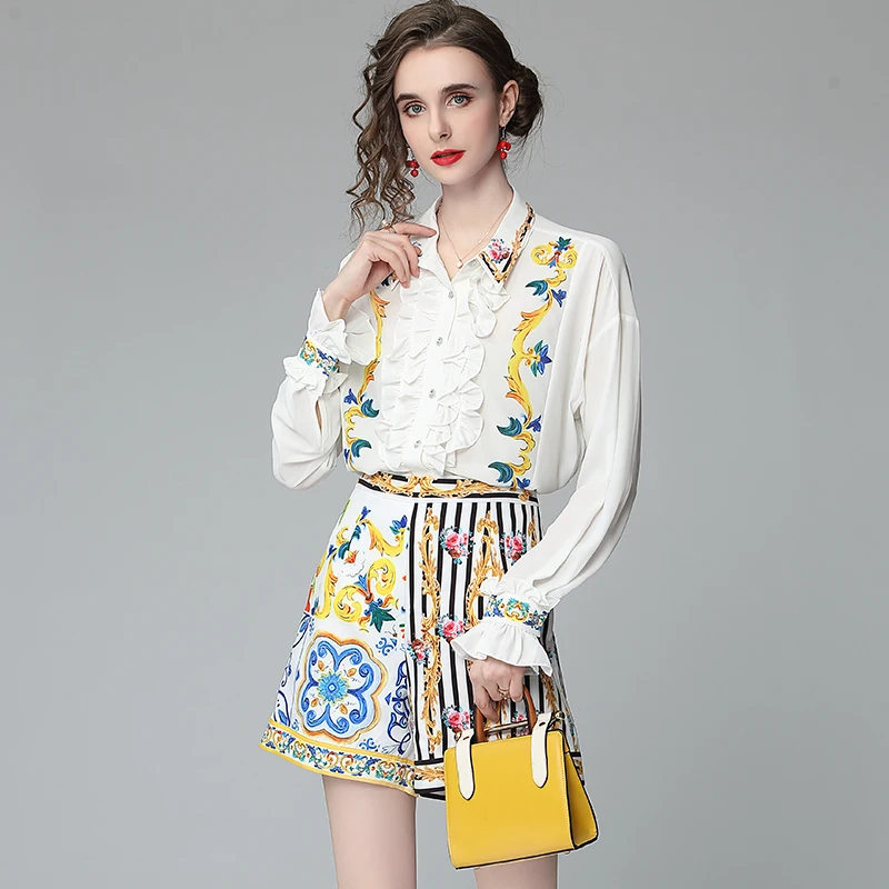 Banulin Summer Runway Flower Print Two-piece Set Women Flare Sleeve Ruffles Shirt Top and Stripe Pocket Shorts Suits Set N56608