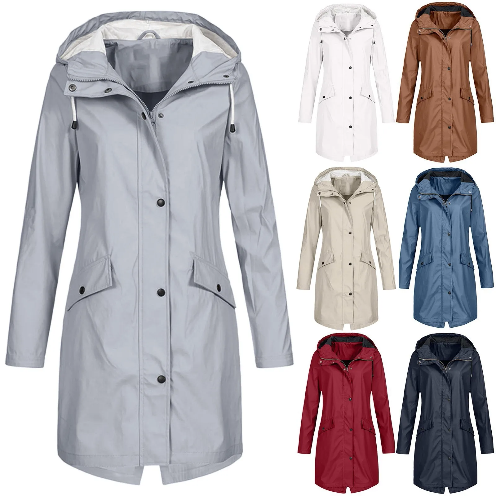 Fashion Women Solid Trench Outdoor Windbreaker Long Sleeve Long Hooded Raincoat Windproof Long Jacket Rain Coat Outwear Casaco