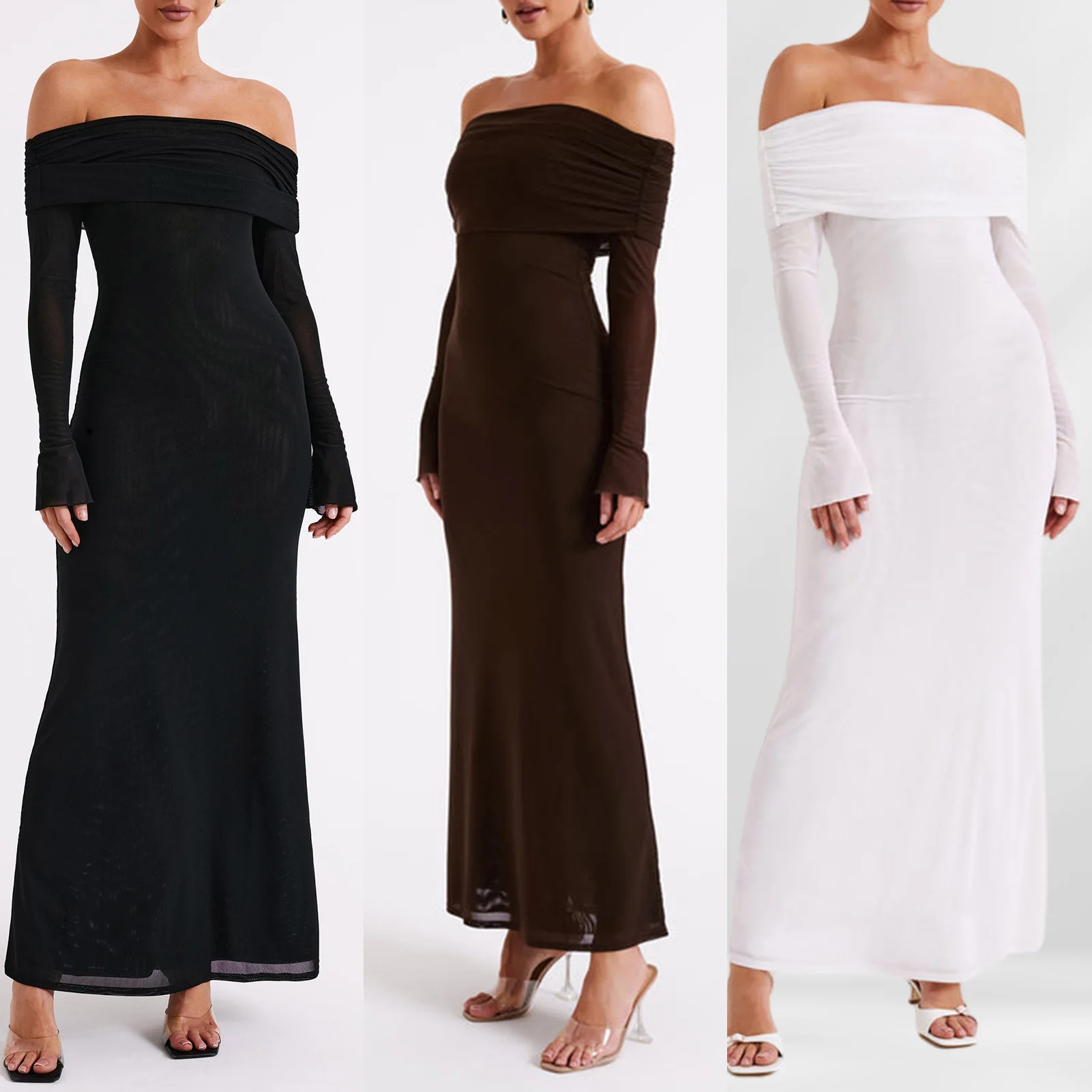 Description Picture 4 of itemSpicy Girl Slash Neck Tunic Long Dress Women Long Sleeve Dress Slim Fit Waist Maxi Dress Solid Color Vintage Style Daily Outfit