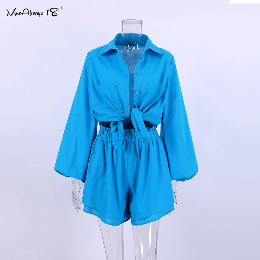 Description Picture 6 of itemMnealways18 Cotton Linen Women Summer Shorts Suits Holiday Lantern Sleeve Shirts And Hot Pants 2 Pieces Sets Women Chic Outfits