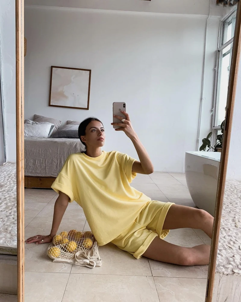 Description Picture 6 of itemRosered Summer Suits Women Oversized Cotton Outfits with T Shirts and Shorts for Female Green Tracksuit 2 Pieces Set Ladies 2023