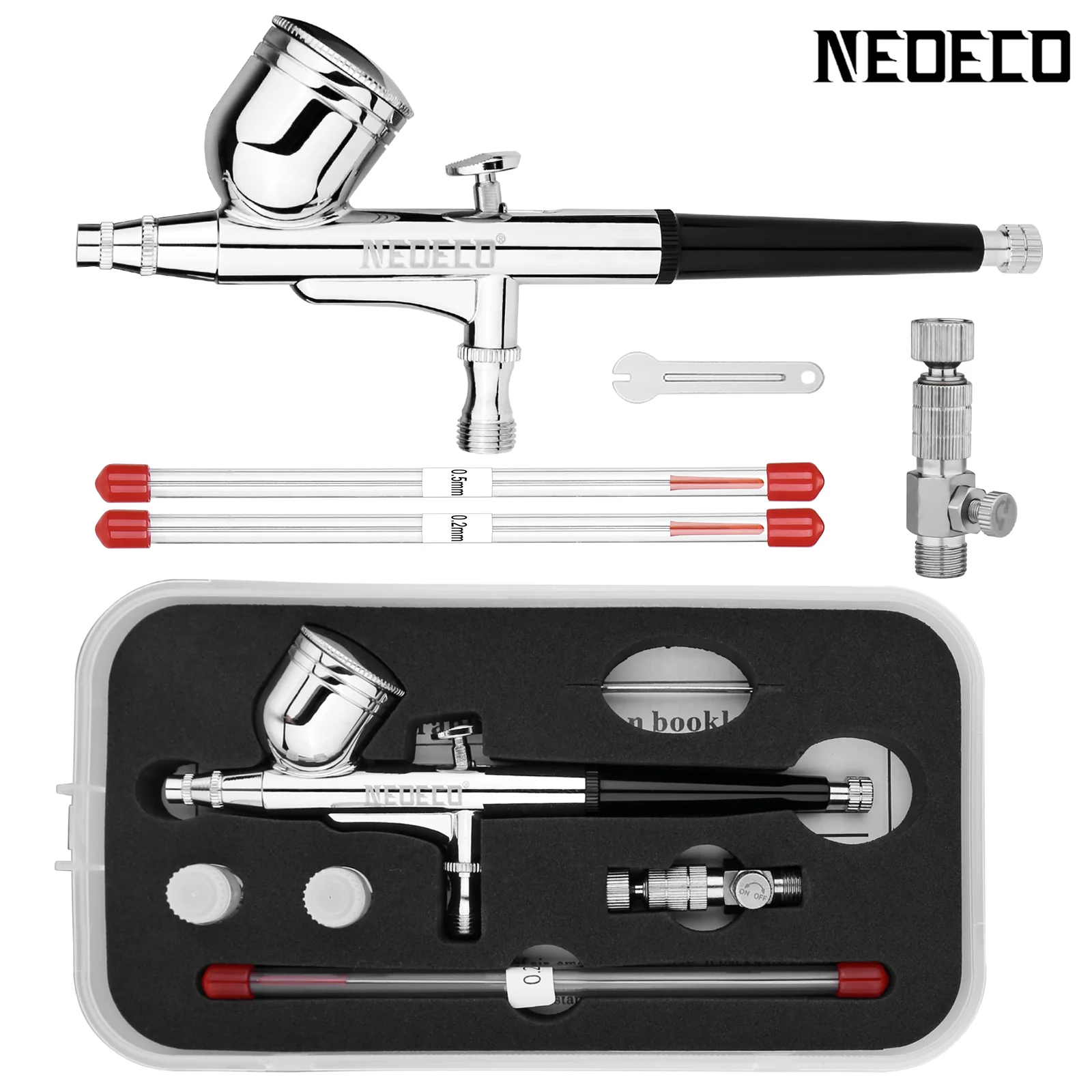 Description Picture 2 of itemNEOECO 130 Gravity Feed Dual Action Airbrush with 0.2 0.3 0.5mm Nozzle Needle Kit Adjustable Quick Disconnect Joint Red Black