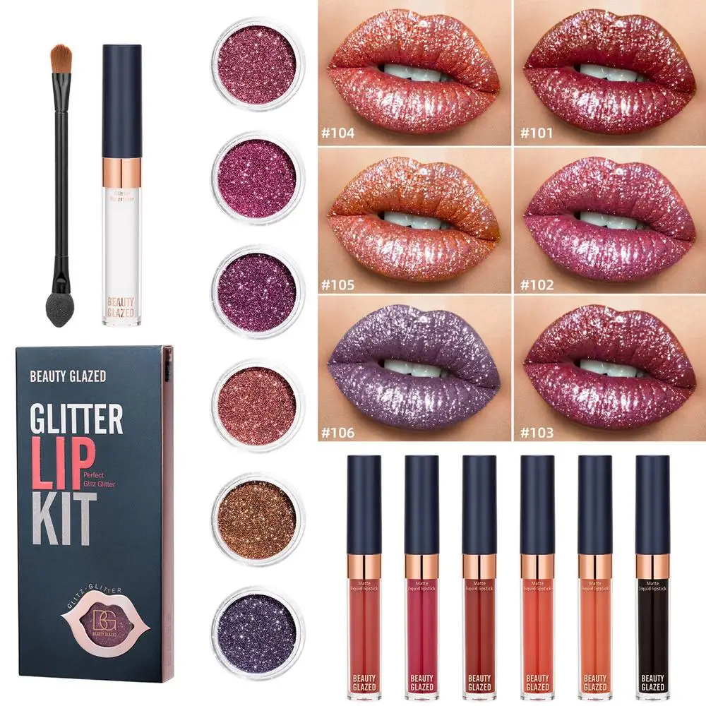 Description Picture 2 of itemGlitter Lips Kit Smudg-Pproof Water-Proof Long-Lasting Sparkle Liquid Lipstick Set With Double End Lip Brush Lip Glitter Primer