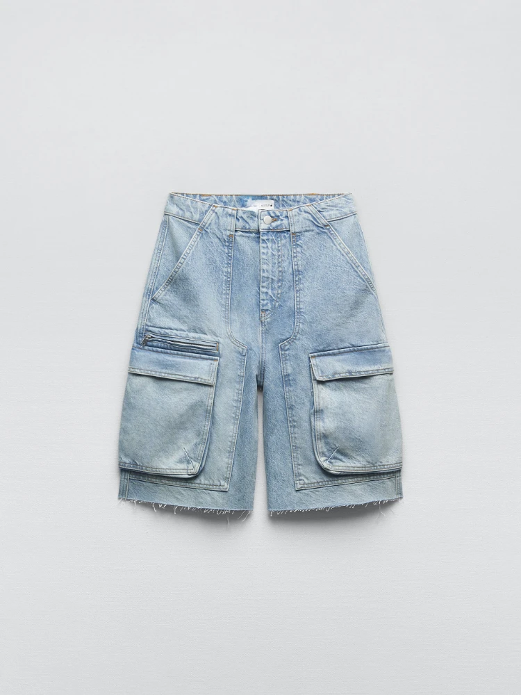 Description Picture 4 of itemRR2745 Mid Length Cargo Bermuda Shorts Women Denim Summer Cargo Pants Women Frayed Hems Capris Side Patch Pockets Knee Length