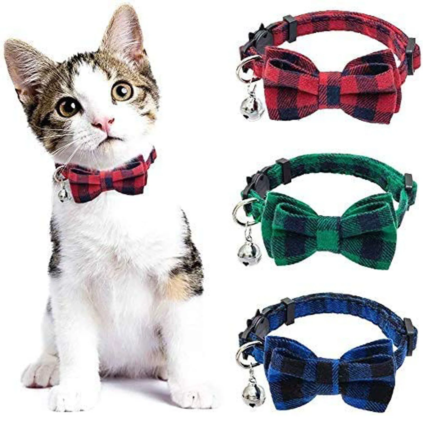 Description Picture 2 of item3pc Lattice Collar Pet Bell Collar Bow Tie Cloth Cat Deduction Cat Dog Collar