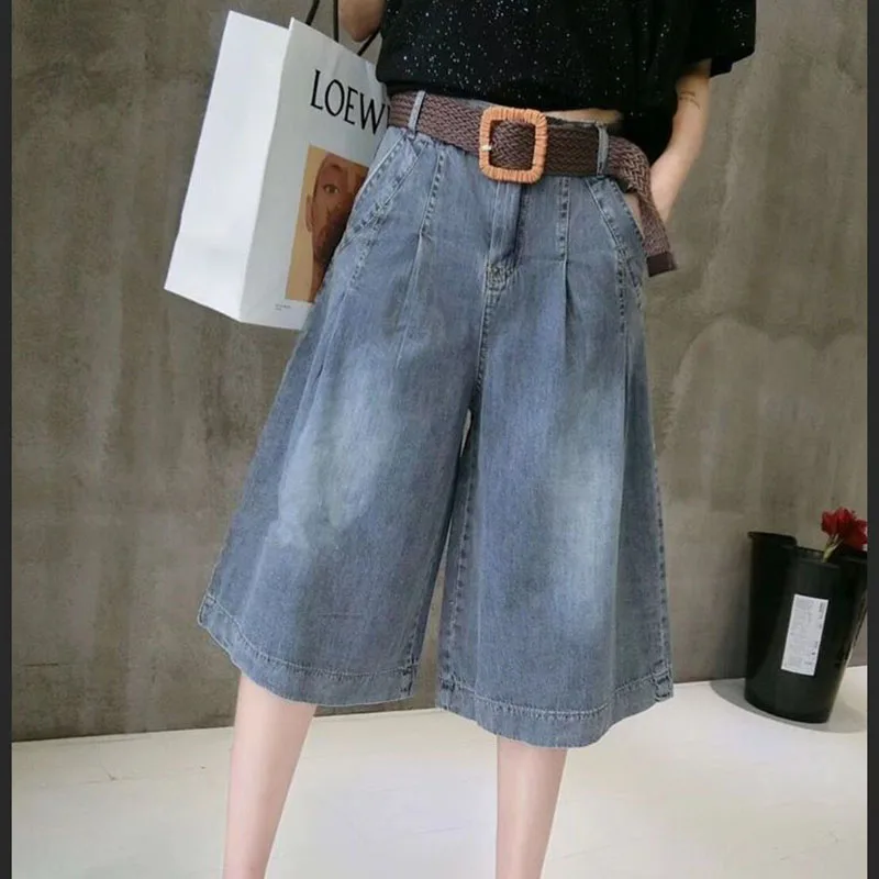Description Picture 3 of itemSummer Blue Women's Midi Jean Pants Fashion with Pockets Belt Knee Length Pants Woman Korean High Waist Loose Straight Shorts
