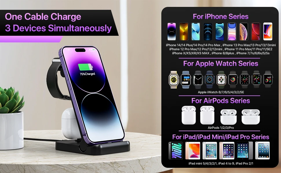 3 in 1 Foldable Fast Charging Station For Apple Wireless Charger Stand Portable for iPhone 14 13 12 Pro Max 11 iWatch 8 Airpods