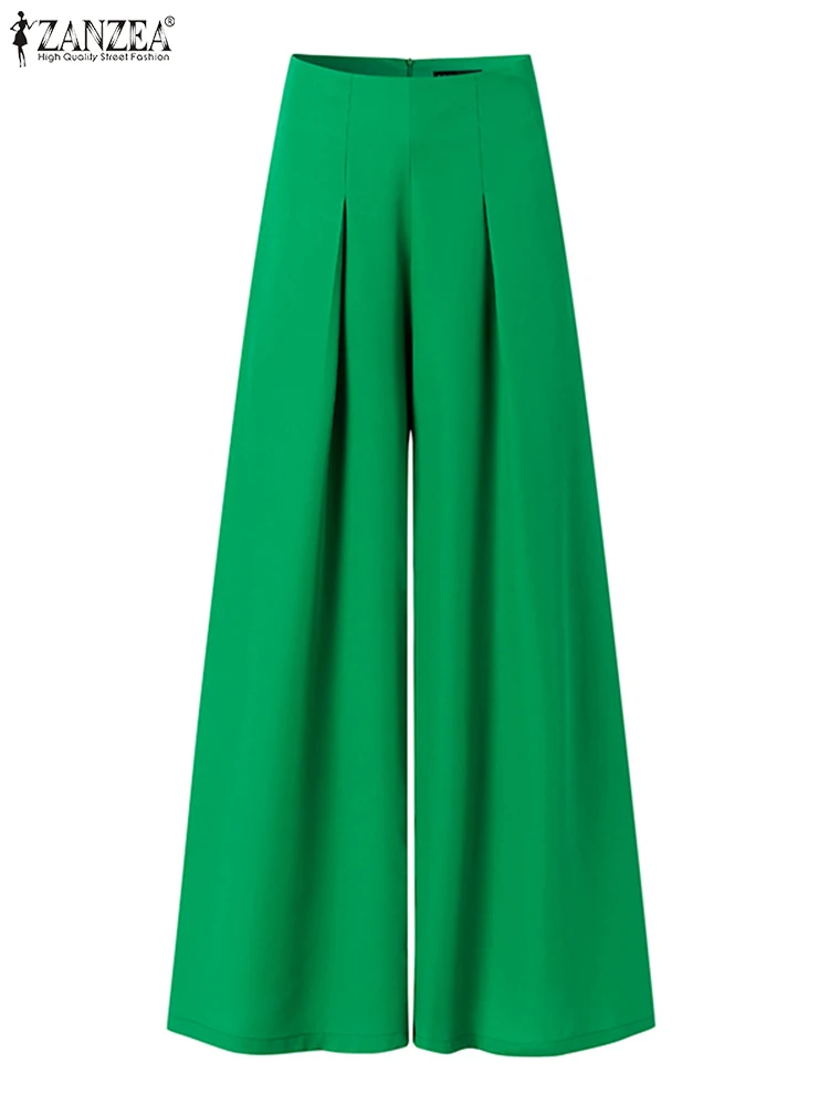 ZANZEA High Waist Fashion Trousers Loose Women Solid Color Pocket Wide Leg Pants Inverted Pleats Streetwear 2023 Summer Pantalon