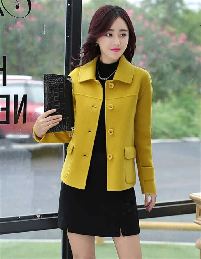 Description Picture 3 of itemBlended Woolen Coat Fashion Spring Autumn Women's Wool  Jacket Short Single-breasted Yellow Female Outwear Tops Mother Dress W25