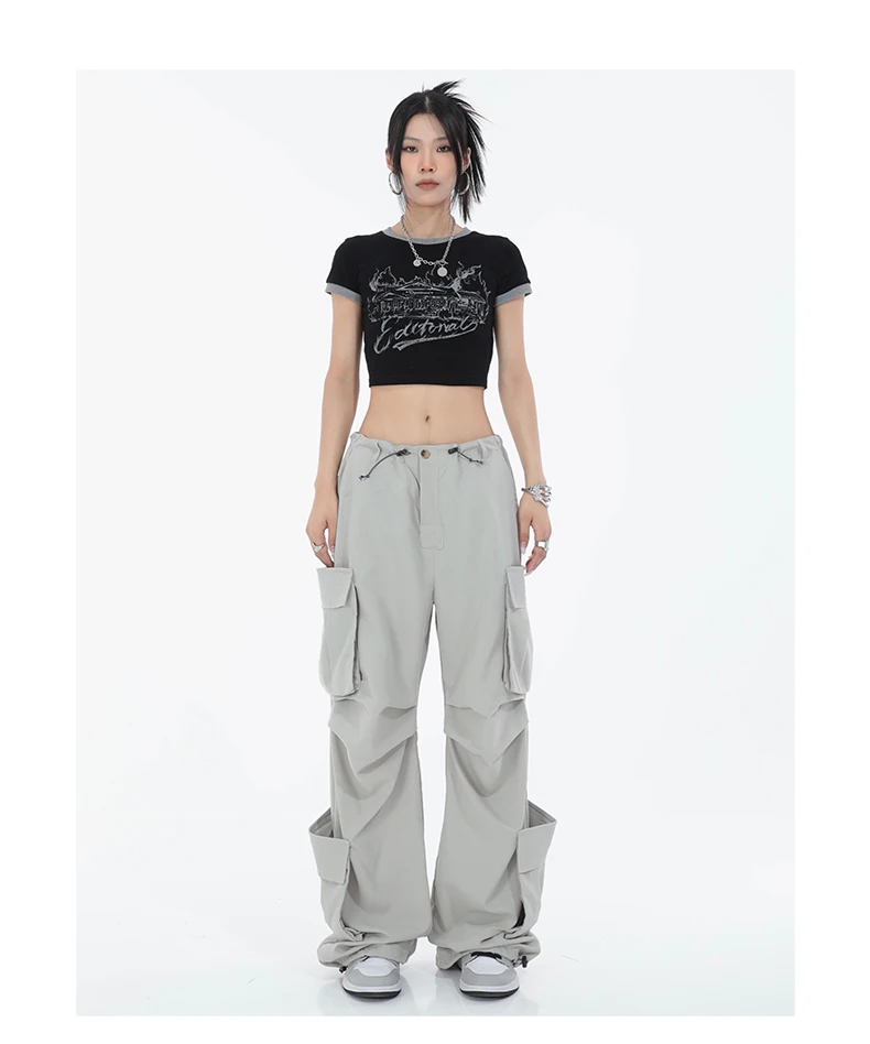 Description Picture 2 of itemQWEEK Cyber Y2K Gray Cargo Pants Women Oversized Hip Hop Streetwear Wide Leg Parachute Trousers Egirl Harajuku Pockets Pantalon