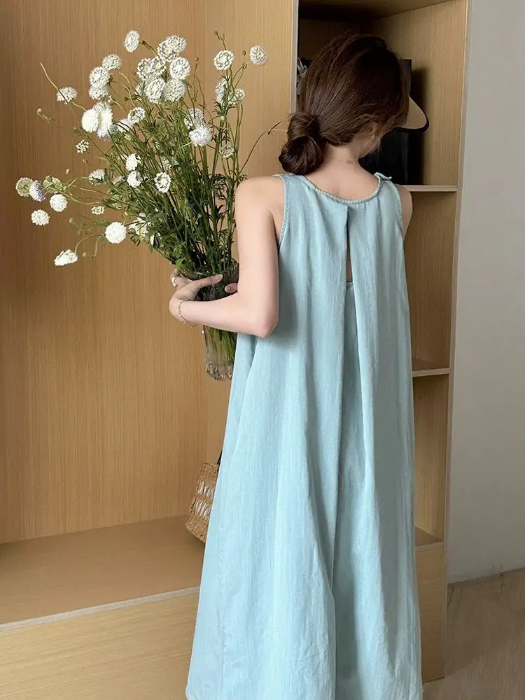 Summer New Holiday Style Hollow Out Sleeveless Hanging Neck Dress Solid Loose Backless Dresses Elegant Fashion Women Clothing