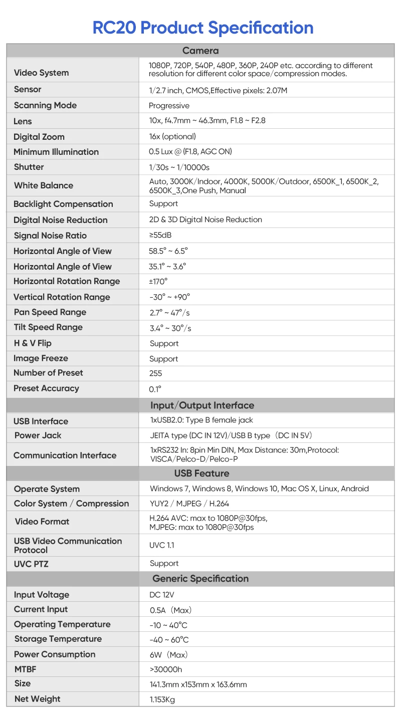 Description Picture 2 of itemConference Camera PTZ Video HD USB 10X+16X Digital Zoom For Educate Live Business Meeting Equipment Remote Teaching Telemedicine