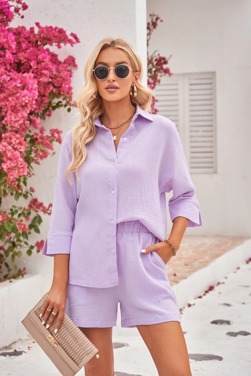 Description Picture 5 of item2023 Summer Two-piece Suit Women Cotton Casual Sets Three Quarter Bat-sleeve Shirt Top Blouses Elastic-waist Shorts 2-piece Sets