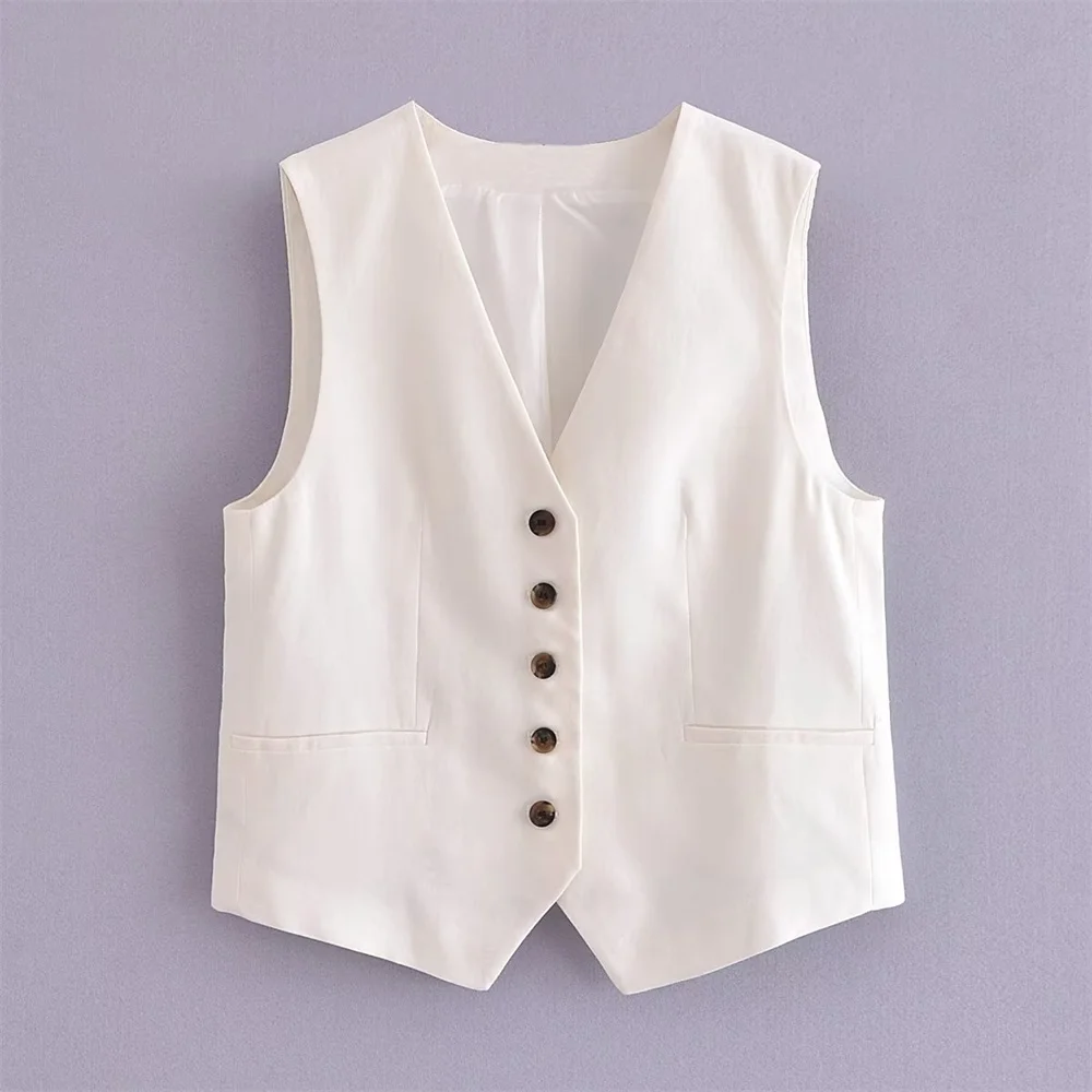 Description Picture 5 of itemUNIZERA2023 Summer New Women's Fashion Slim Fit Single breasted V-neck Tank Top Vest Linen Blend Pleated Casual Shorts