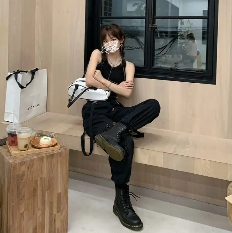 Description Picture 5 of itemHarajuku Spring Summer Cargo Pants Women Streetwear Black Elastic Waist Casual Ankle Length Women's Pants
