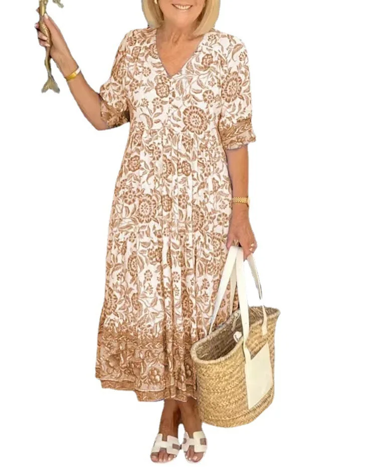 Description Picture 4 of itemWomen's Long Dress Floral Print Loose Fitting Dress Casual High Waisted Half Sleeved V-neck Large Swing Dresses Vestidos