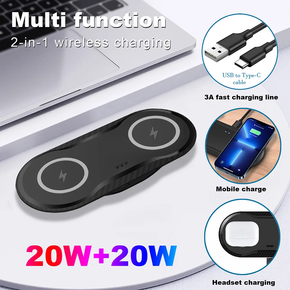 Double 2 in 1 Fast Wireless Charger for iPhone 11 12 13 14 X 8 XR AirPods Pro 40W Dual Wireless Charging Station for Samsung S22