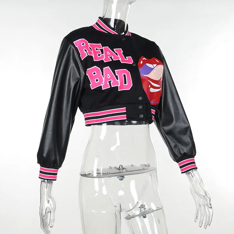 Description Picture 3 of itemSifreyr Fashion Street Trend Short Coat Spliced Letter Jacket Women's Autumn Round Neck Long Sleeve Button Slim Fit Outerwear