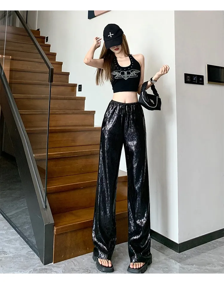 Description Picture 3 of itemCircyy Sequins Pants Women 2023 Summer New High Waisted Drawstring Full Length Shiny Pant Streetwear Black Wide Leg Y2k Trousers