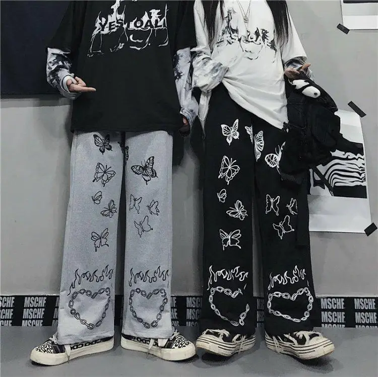 Women's Pants Harajuku Butterfly Print Loose Wide Leg Pants Streetwear Hip-hop Pants for Women Vintage Dark Pant Trousers Women