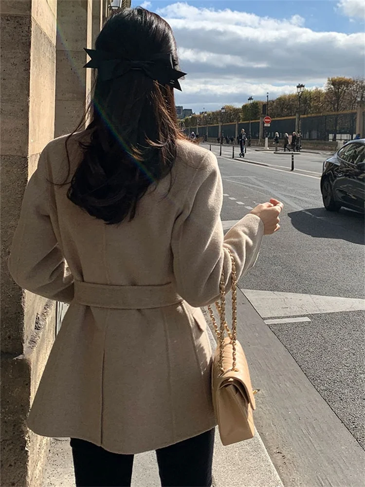 Description Picture 4 of itemSyiwidii French Vintage Wool Jacket for Women Fall Winter 2203 New Elegant Long Sleeve V Neck Bandage Chic Warm Casual Coats