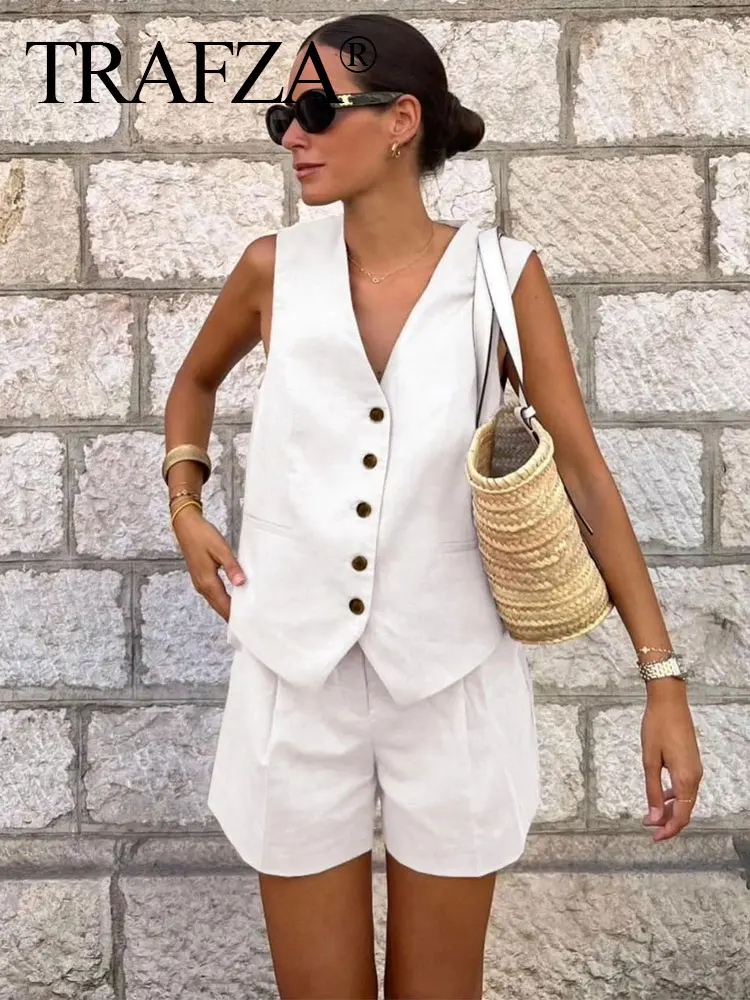Description Picture 6 of itemTRAFZA Women Elegant Solid Button Sleeveless Linen Shorts Set Vintage Casual V Neck Chic Vest Set 2023 Women's Office Lady Suit