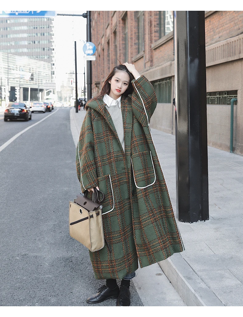 Description Picture 3 of itemLautaro Autumn Winter Long Oversized Warm White Patchwork Plaid Wool Blends Trench Coats Women with Hood Runway Korean Fashion