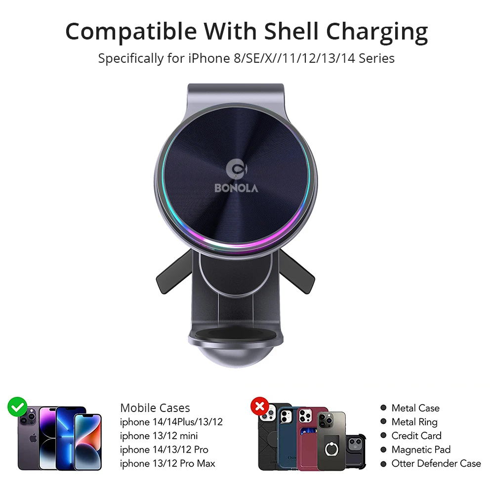 Description Picture 3 of itemBonola Metal Magnetic Car Wireless Charger 2 in 1 Mount for iPhone 14/13/12 Wireless Car Charging with LED Light for Apple Watch
