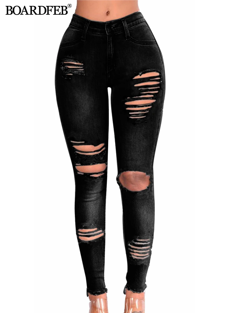 Description Picture 5 of itemWomen Ripped Jeans Pants Y2K Stretch Skinny Hole Denim Pencil Pants Slim Fit Casual High Waist Female Distressed Jeans Trousers
