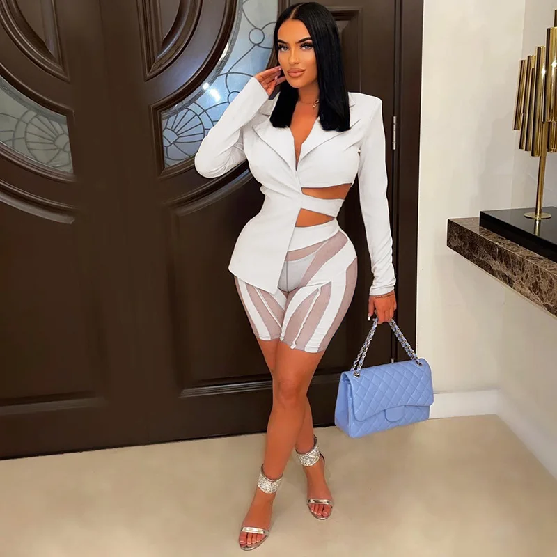 Description Picture 5 of itemANJAMANOR Two Piece Club Outfits Women Sexy Asymmetric Blazer and Mesh Shorts Leggings Matching Sets Fall 2023 D58-ED25