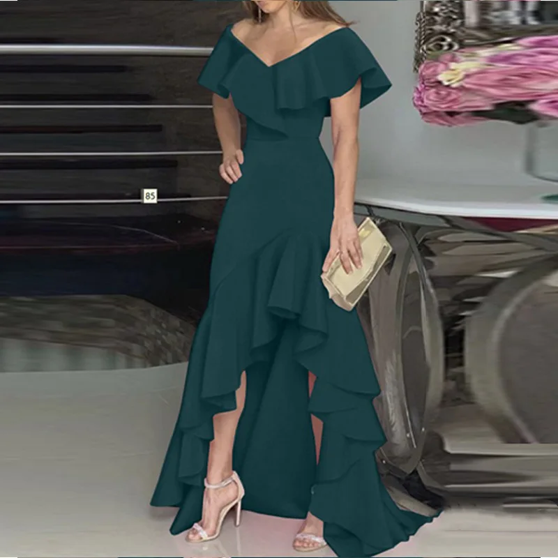 Description Picture 4 of itemElegant Ruffled Irregular Maxi Evening Dress Sexy V-neck High Waist Spring Summer Dress Solid Slim Ladies Party Dresses Vestidos