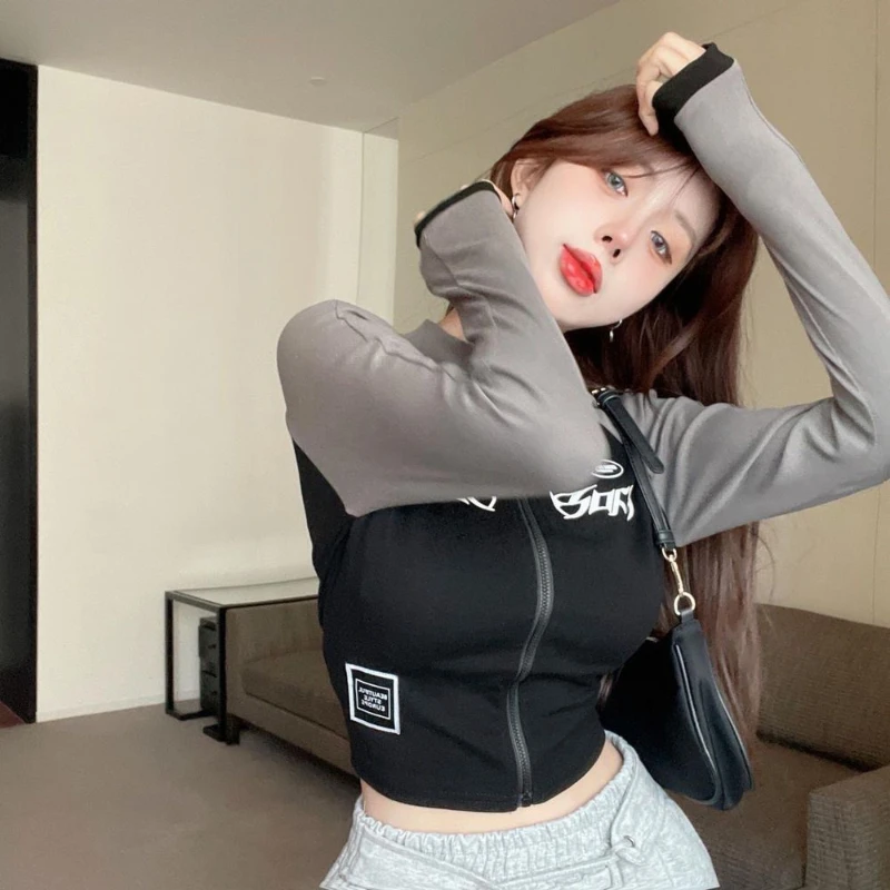 Description Picture 6 of itemY2K Long Sleeve Jackets Women Vintage Slim Streetwear Spliced Zipper Short Coats Korean Sport Cropped Coat Sunscreen Clothing