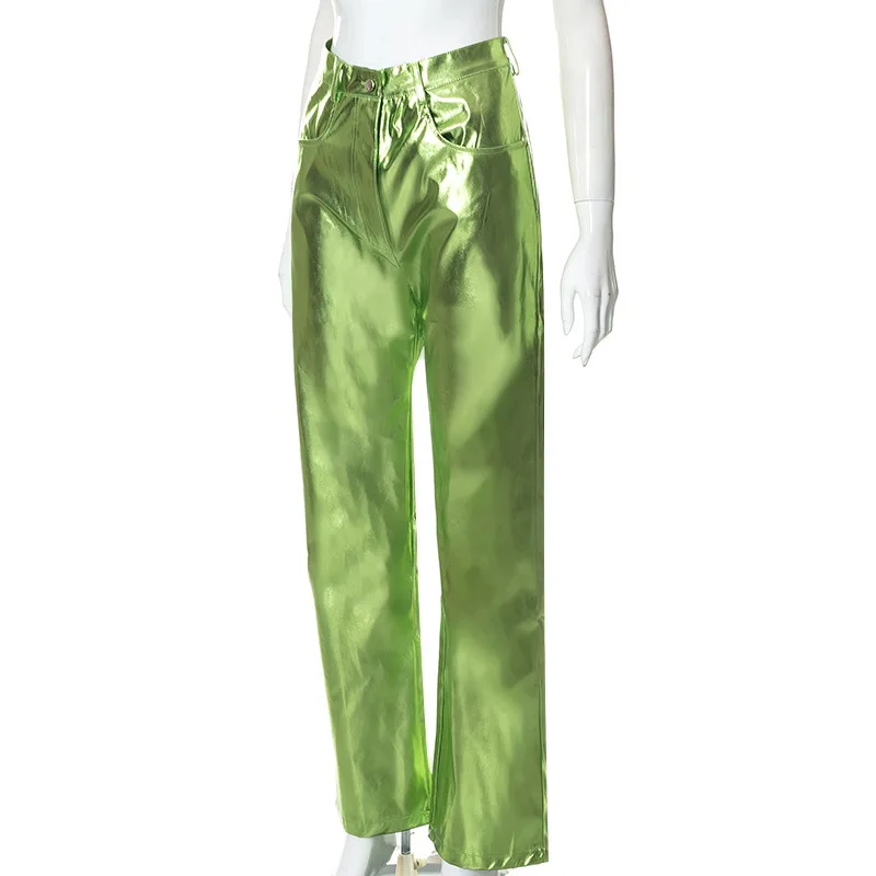 Description Picture 3 of itemWomen Metallic Straight-Leg PU Pants Sexy ZA Sparkling High Waist Trousers Streetwear Luxury Birthday Costumes 2023 Spring Fall