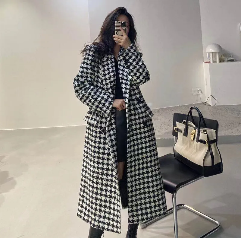 Description Picture 4 of itemHoundstooth Coat Women Vintage Faux Wool Overcoat Female Autumn Winter Thick Warm Jacket Ladies Korean Fashion Long Blend Coats
