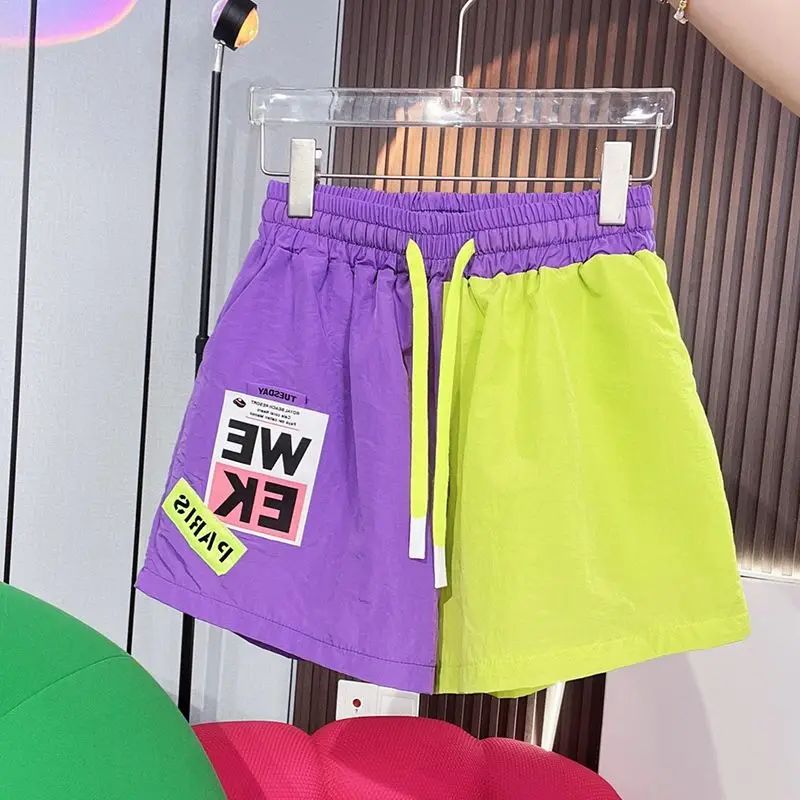 Description Picture 5 of itemDAYIFUN Sports Shorts Women Summer Fashion Contrasting Color Patchwork Design Casual Capris New Elastic Waist Lace Up Shorts