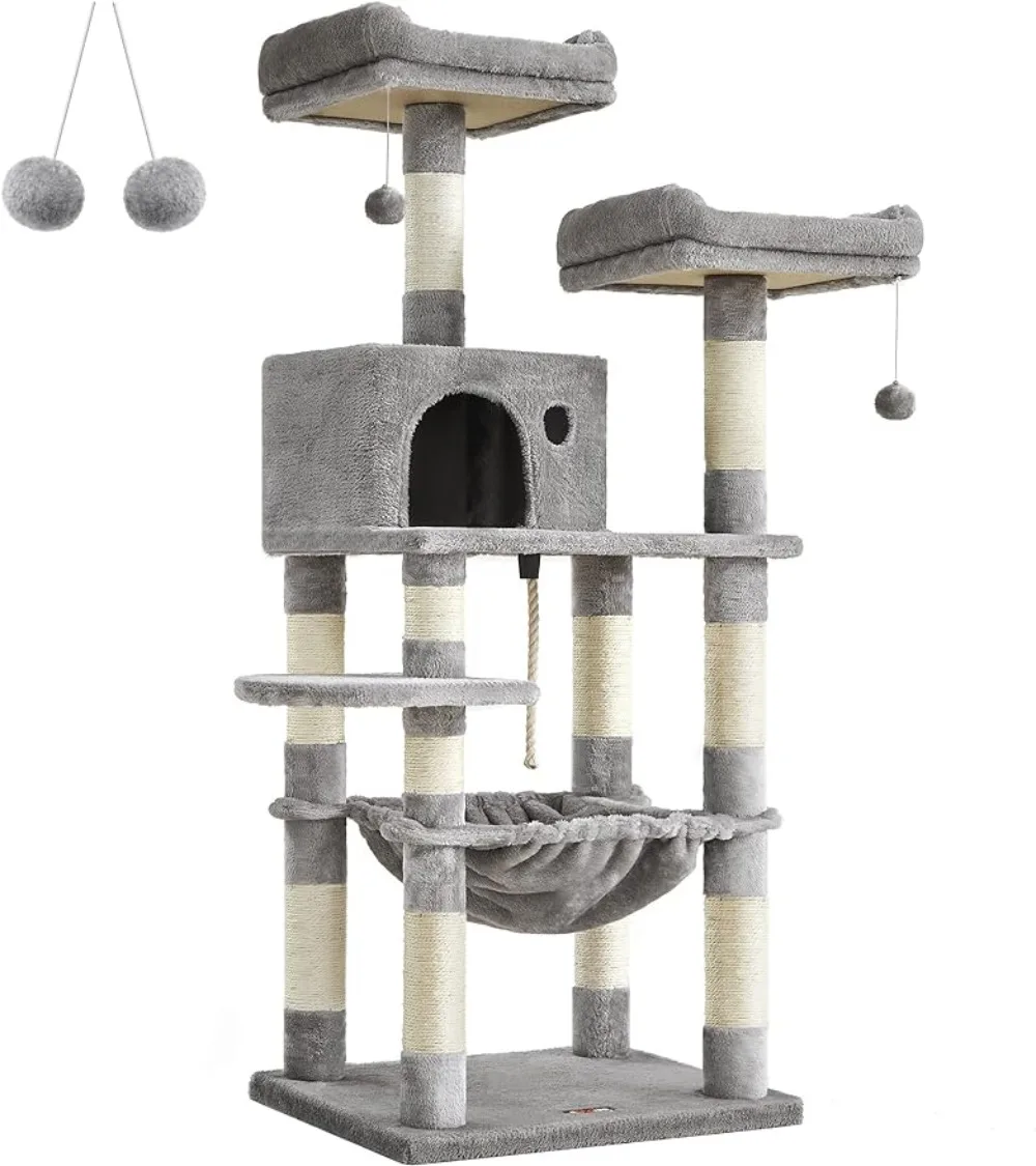 FEANDREA Cat Tree, Cat Tower for Indoor Cats, 56.3-Inch Cat Condo with Scratching Posts, Hammock, Plush Perch,Light Gray UPCT15W