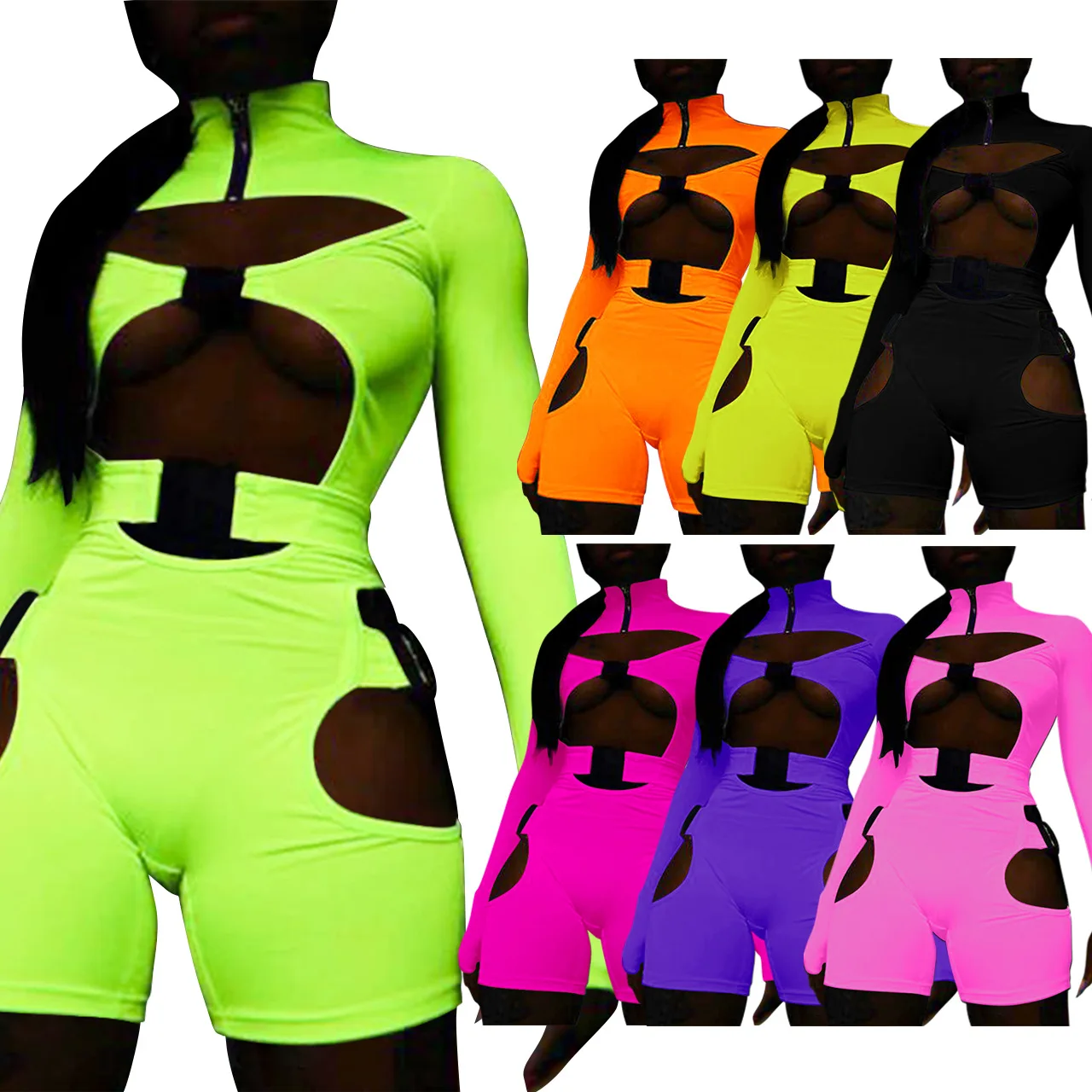 Description Picture 5 of itemSexy Women's Sexy Clothes Sets Bandage Women Hollow Out Long Sleeve Bodysuit Skinny Shorts Jumpsuit Short Sets Streetwear