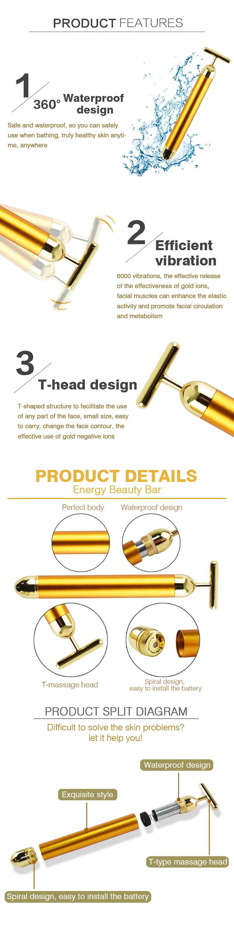 Description Picture 3 of itemSlimming Face 24k Gold Colour Vibration Facial Beauty Bar Stick Lift Skin Tightening Wrinkle Bar Electric Stick Massage