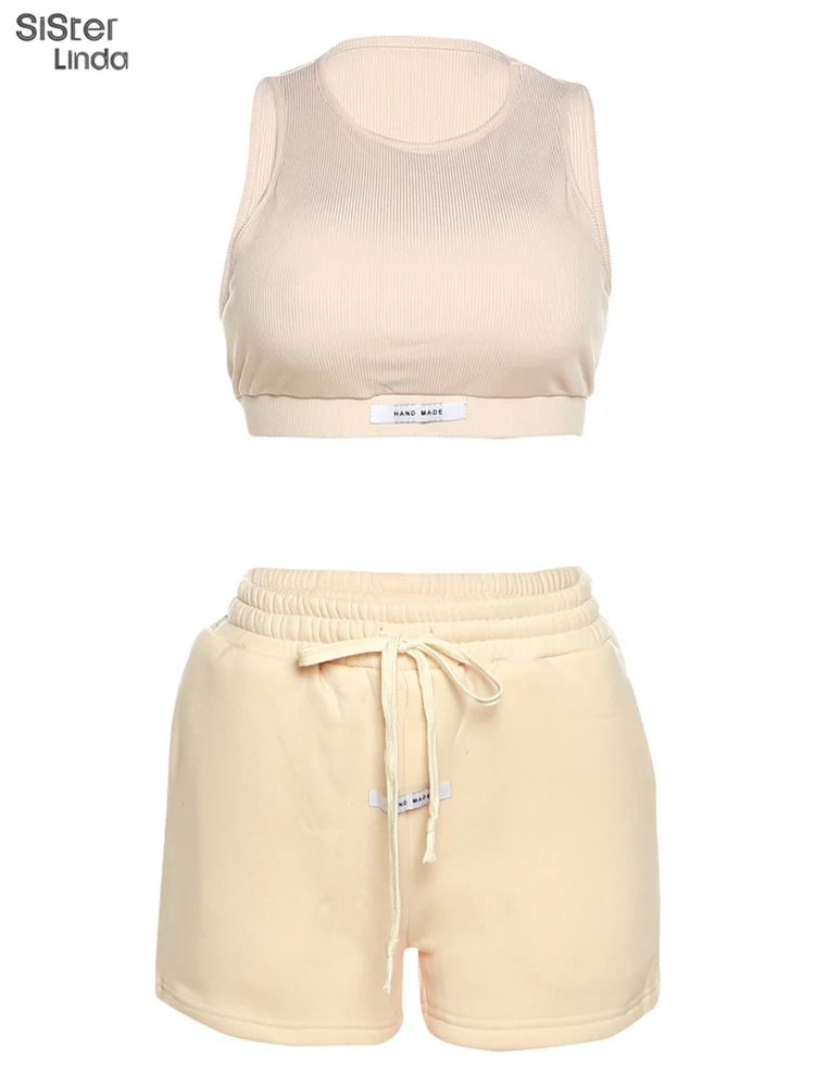 Description Picture 3 of itemSisterlinda Casual Sporty Women 2 Piece Tracksuit Set Ribbed Skinny Tank Tops Vests+Sweat Shorts Female Matching Stretch Outfits