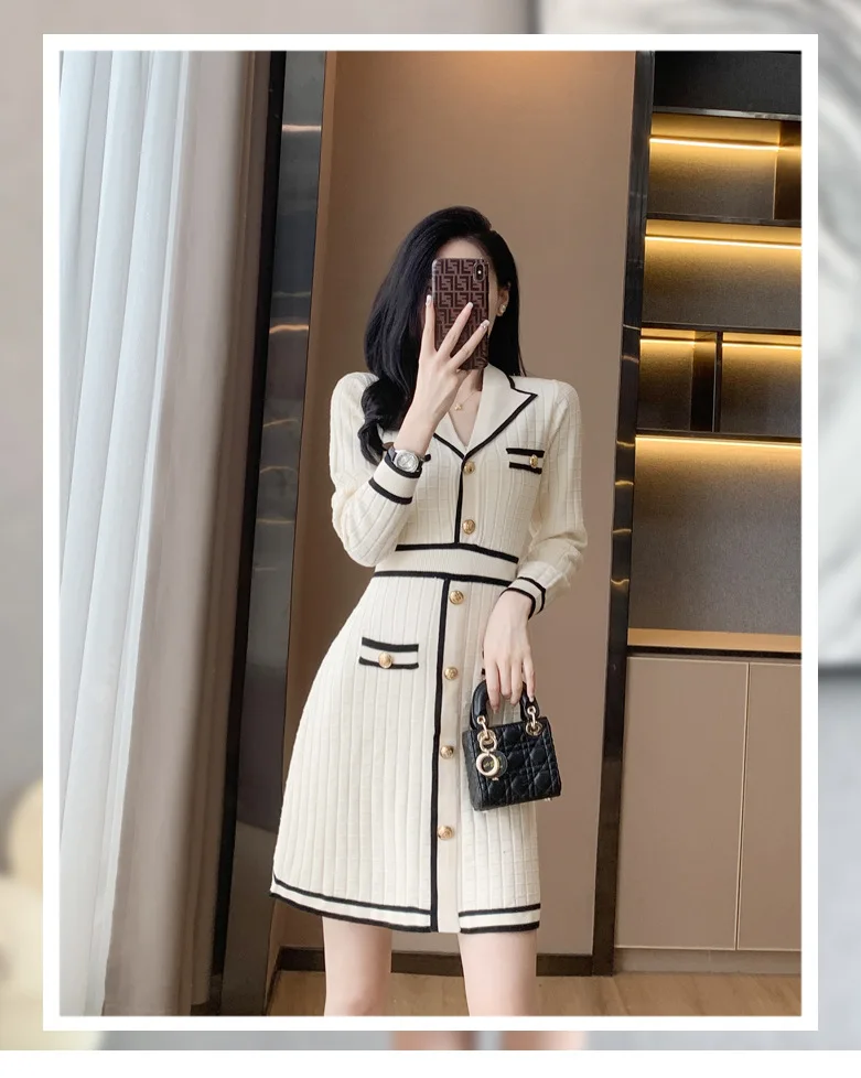 Description Picture 2 of itemWhite Dress Little Fragrance Temperament Celebrity Waist A Sweater Knitted Contrast Color Long Sleeve Slim Fit V-Neck Dress