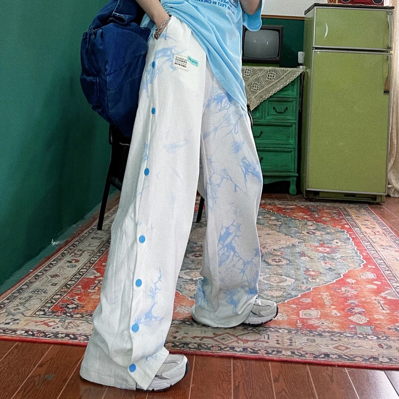 Tie Dye Print Long Pants Women 2021 Casual Loose Straight Pants Elastic Waist Streetwear Split Button Trousers Hip Hop Pants