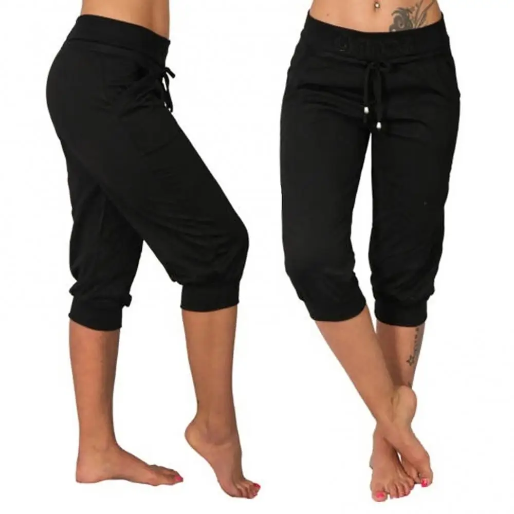 Description Picture 3 of itemShorts Drawstring Pants Women Mid Rise Solid Color Mid-calf Lady Capri Pockets Cropped Wide Waistband Sports For Outdoor