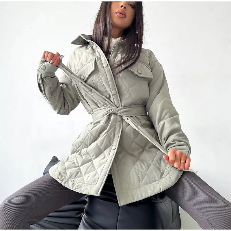 Description Picture 5 of itemLong Argyle Single Breasted Women's Winter Jacket Casual Turn Down Collar Belt Loose Overcoat Office Lady Outwear Woman Clothes