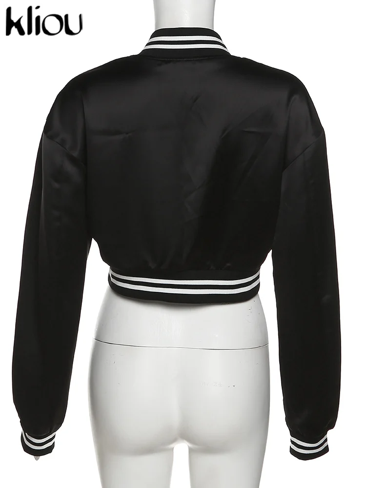 Description Picture 4 of itemKliou Letter Embroidery Short Baseball Jacket Women Fashion Casual Slim Vintage Cropped Coat Lady Classic Streetwear Clothing