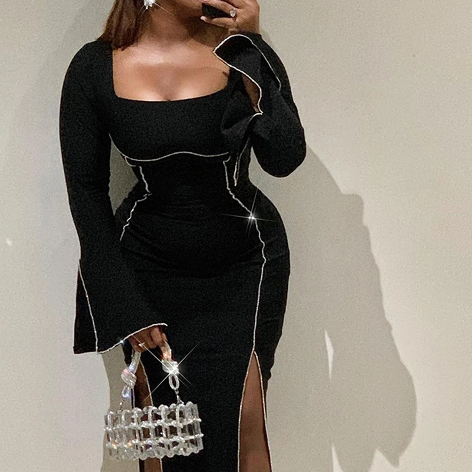 Description Picture 3 of itemWomen Long Sleeve Dress Sparkle Square Neck Dress Pullover Shiny Bodycon Dress Slim Fit Skinny Fashion Cocktail Party Dress