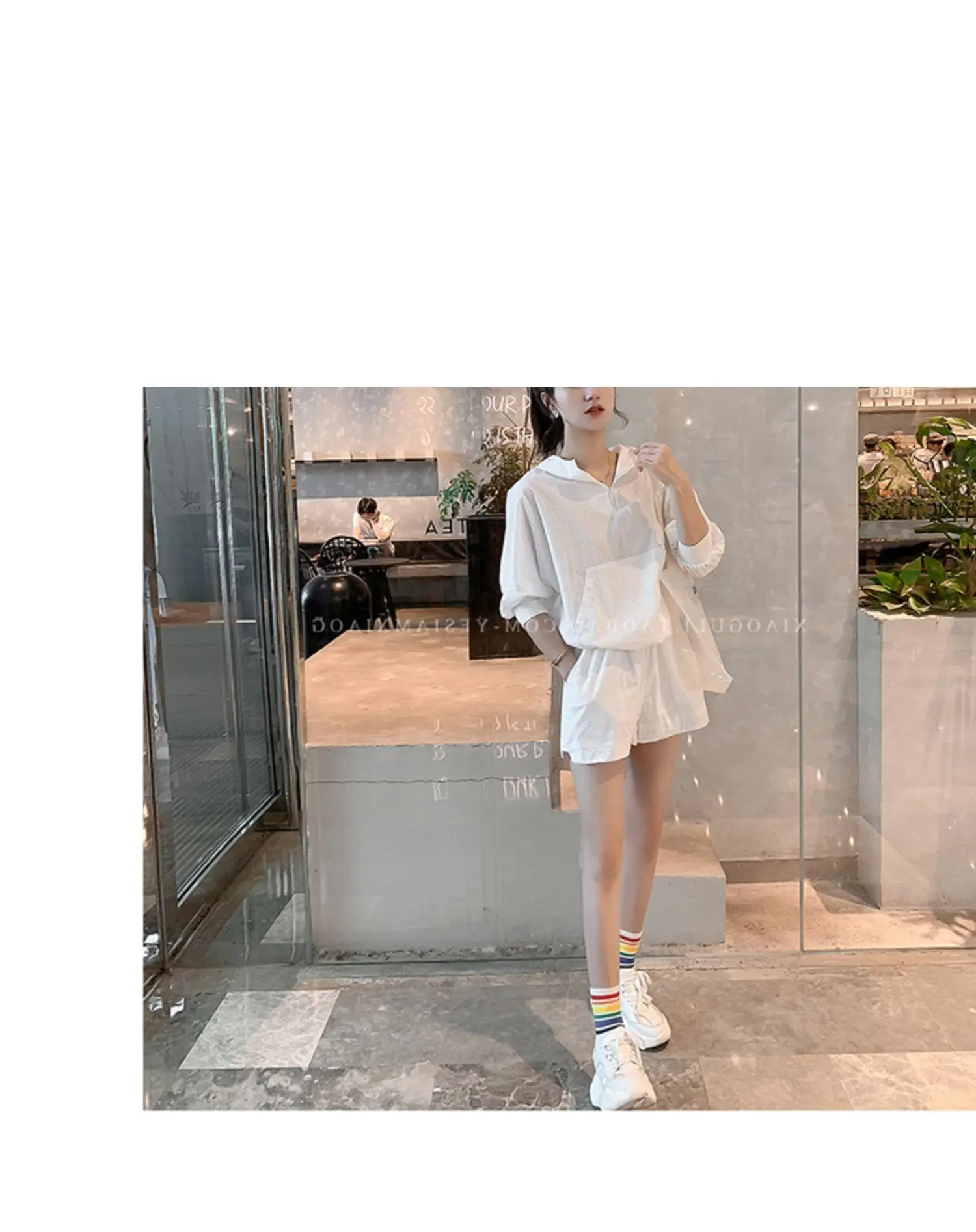 Description Picture 4 of item2023 Summer Sweat Suit White Women Hodded Short Sleeve Shorts Two Piece Set Korean Sporty Casual Tracksuit Hollow Out