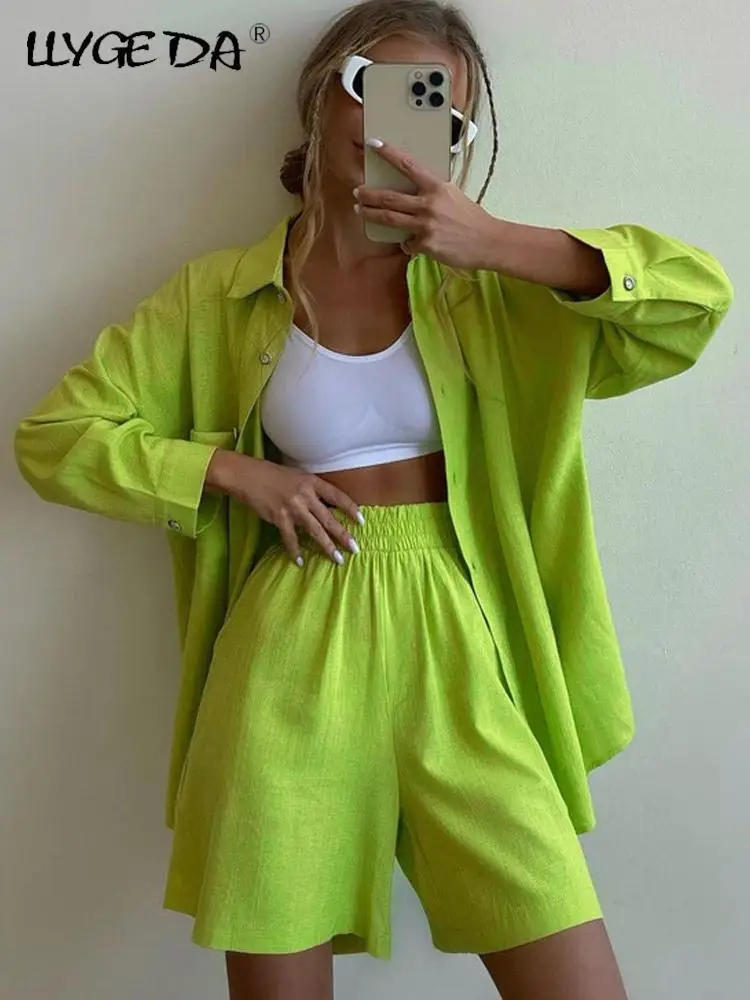 Summer Two Piece Set Women Shorts Suit Lapel Long Sleeve Shirts Sets Female Elegant Casual High Waist Pants Lady Outfits 2023